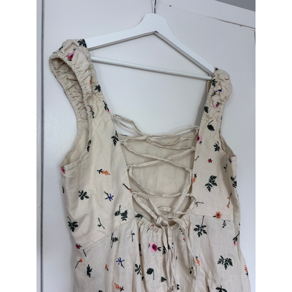 Zara Midi Dress XL Cream Floral Embroidered Linen Flower Lace Up Back Slit Boho - Picture 5 of 8